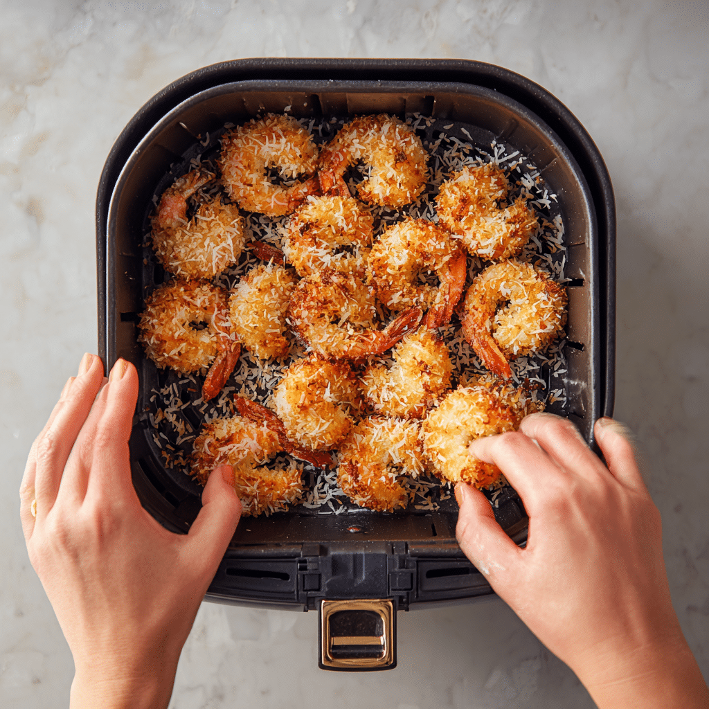 “Placing coconut-coated shrimp into air fryer basket for 15‑Minute Air Fryer Coconut Shrimp recipe”