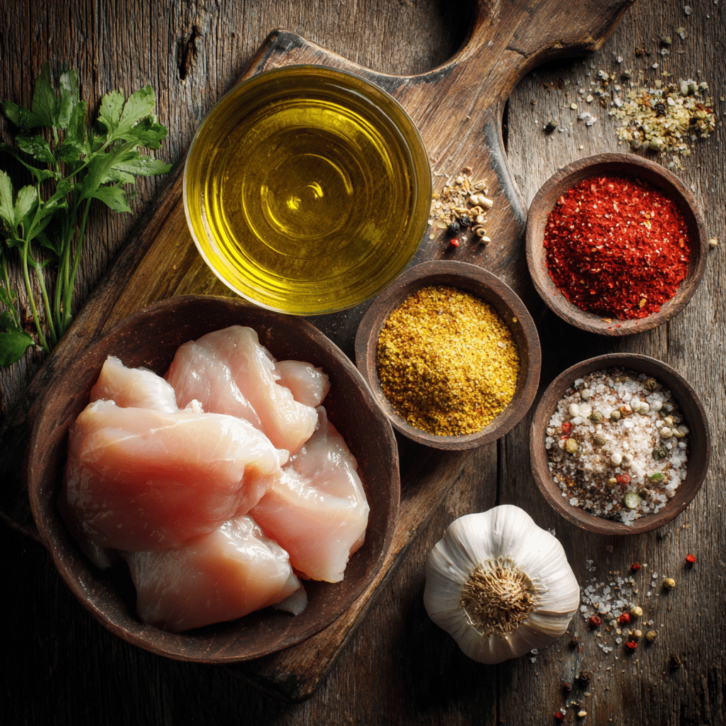 “Ingredients for Air Fryer Chicken Bites including chicken breast, spices, and olive oil”