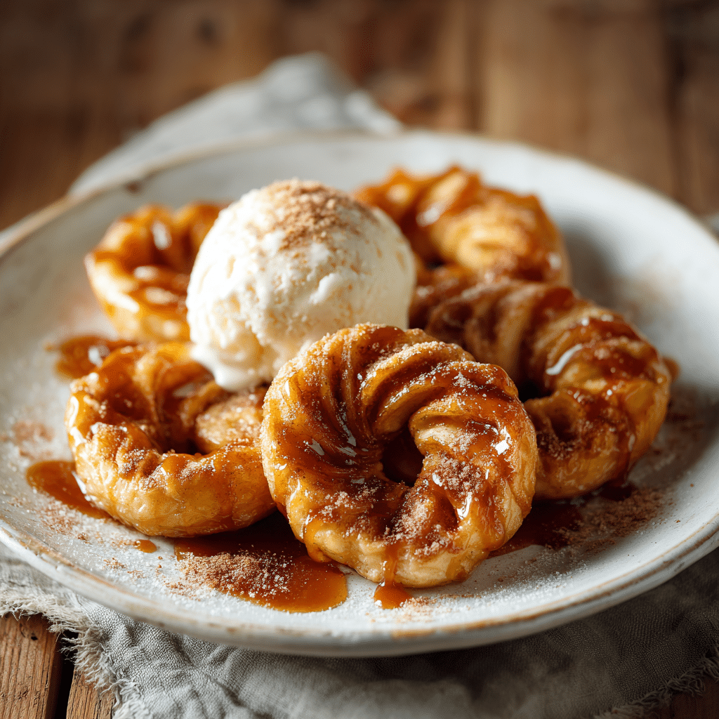 “Golden air fryer puff pastry apple rings served with caramel and ice cream on a white plate”