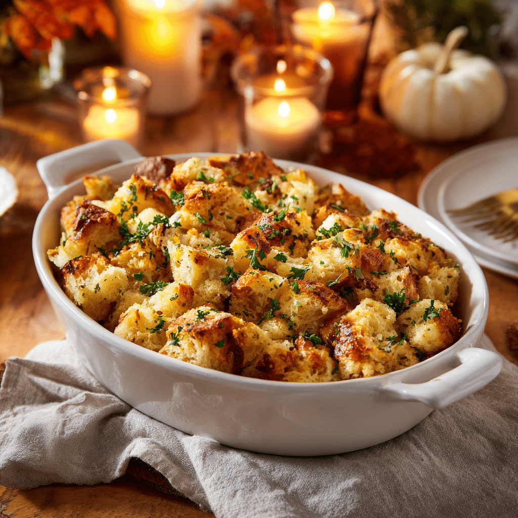 "Golden brown Air Fryer Stuffing served in a white baking dish on a holiday table"
