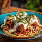 “Plated Air Fryer Chicken Parmesan Meatballs served over spaghetti with melted cheese and basil garnish”