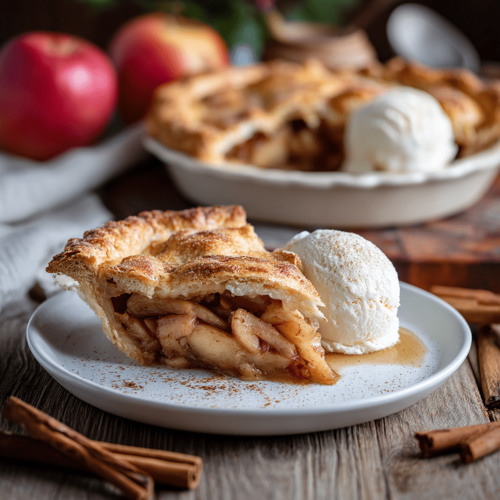 “Golden brown Air Fryer Apple Pie served with vanilla ice cream on rustic wooden table”