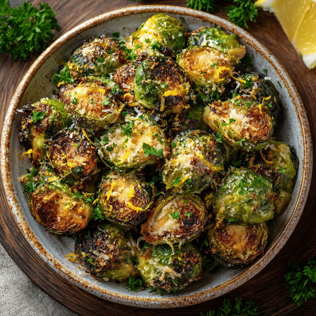 A serving of Air Fryer Parmesan Brussels Sprouts plated on a rustic dish with melted cheese and crispy edges, garnished with parsley and lemon zest.
