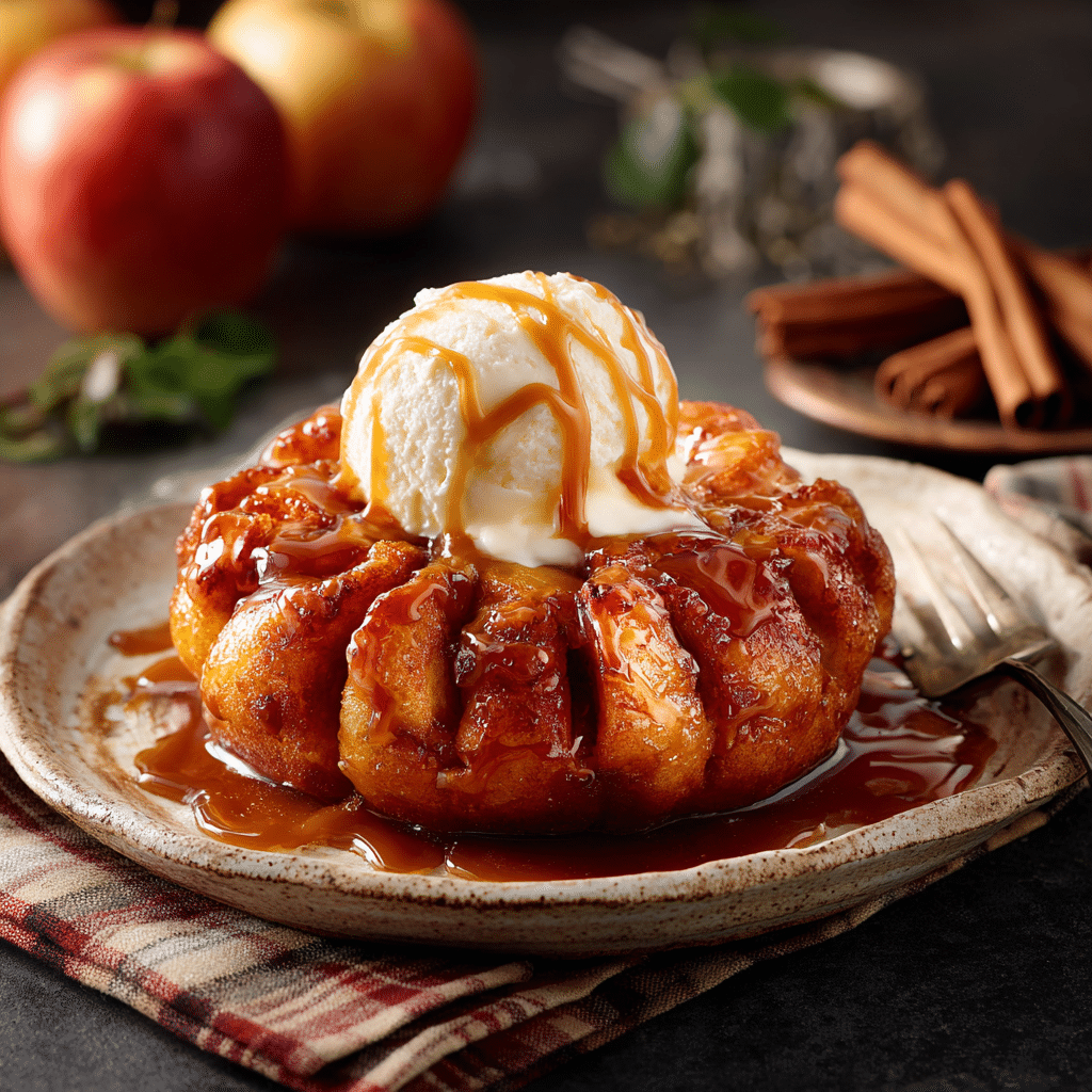 Plated Air Fryer Bloomin Apple topped with vanilla ice cream and caramel sauce, served warm on a rustic plate in a cozy fall setting