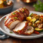 Juicy Air Fryer Beef Bacon Wrapped Chicken sliced and served with vegetables on a white plate.