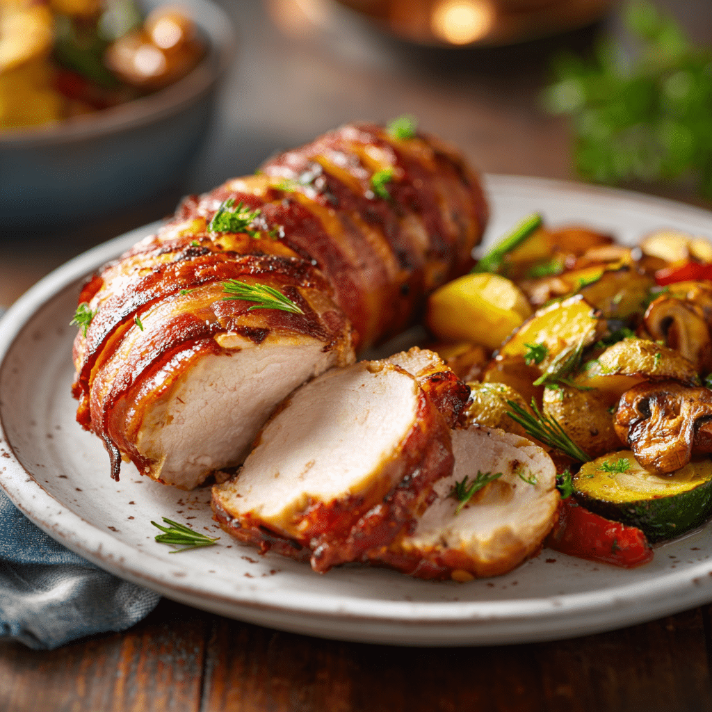 Juicy Air Fryer Beef Bacon Wrapped Chicken sliced and served with vegetables on a white plate.