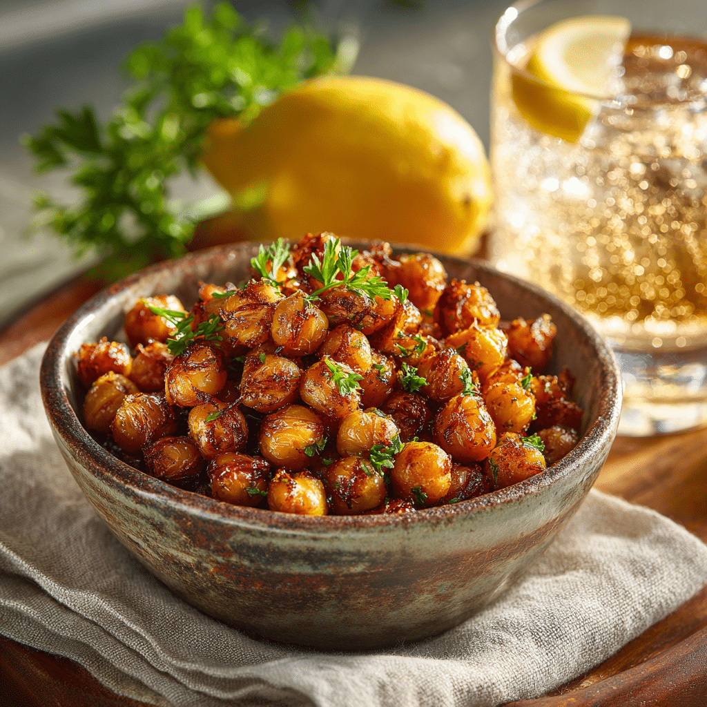 15-Minute Air Fryer Spicy Chickpeas served in a rustic bowl with garnish and drink on a styled table