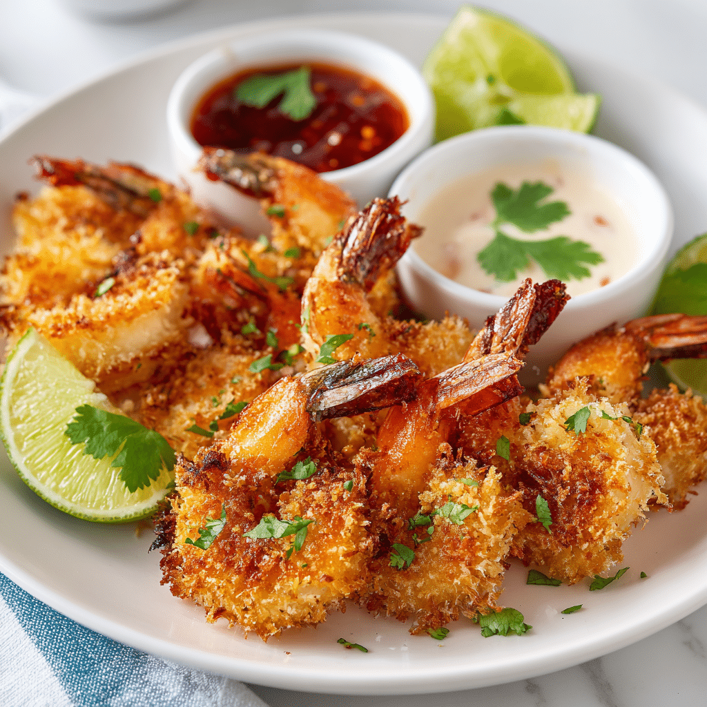 “Golden 15‑Minute Air Fryer Coconut Shrimp served with dipping sauces and lime wedges on white plate”