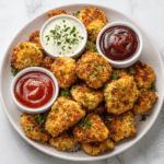 Juicy air fryer chicken bites served with dipping sauces on a white plate