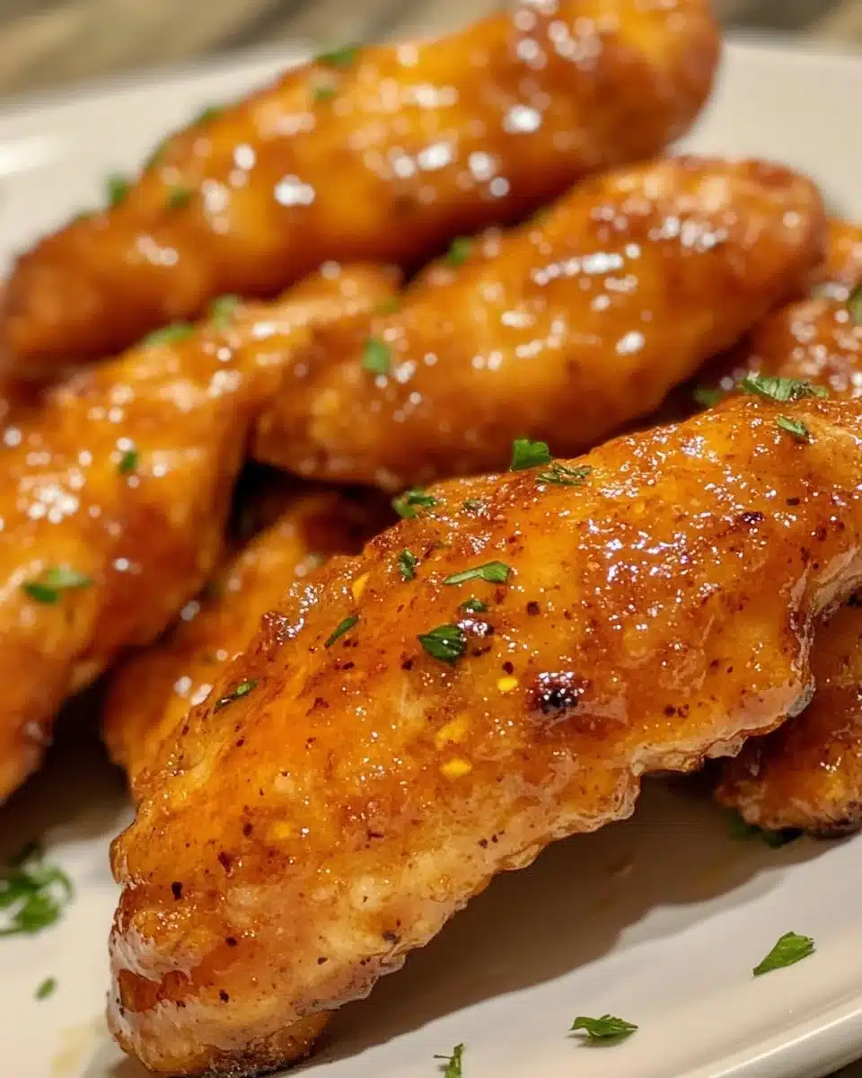 Air Fryer honey butter garlic chicken tenders plated with herbs