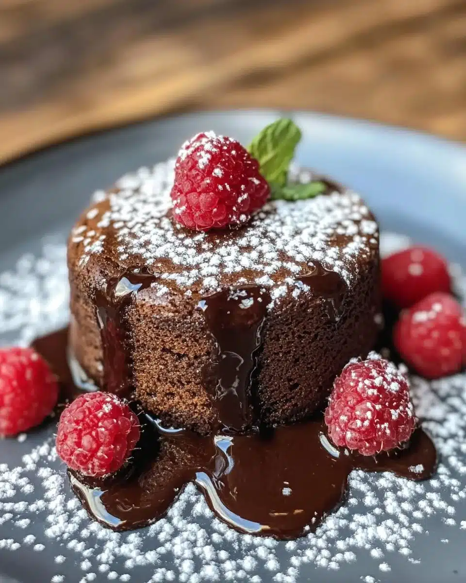 Deliciously gooey air fryer lava cake topped with powdered sugar and berries