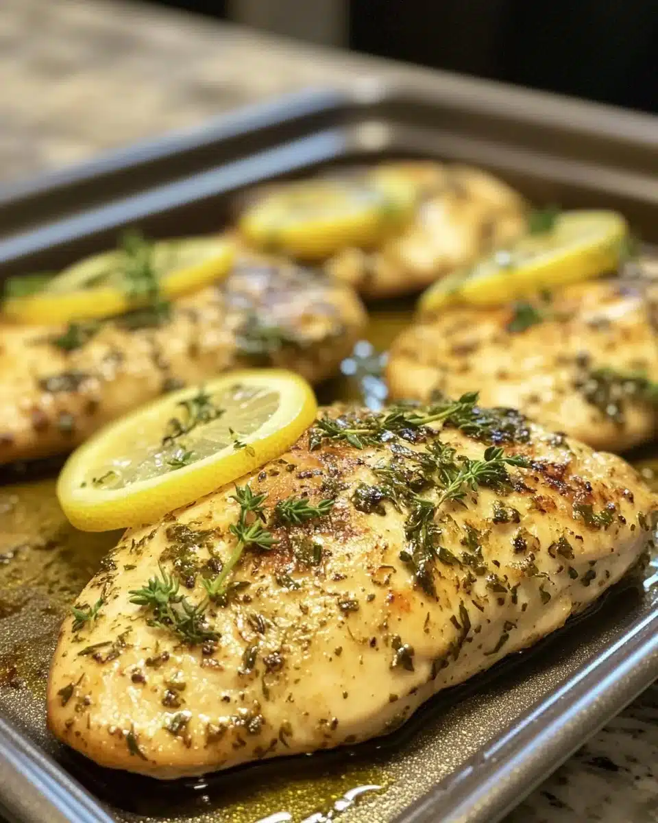 Air Fryer Lemon Herb Chicken Breast served with herbs and lemon slices