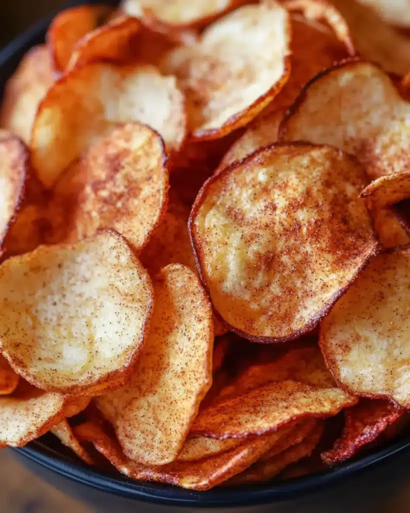 Crispy air fryer apple chips with cinnamon on a wooden plate