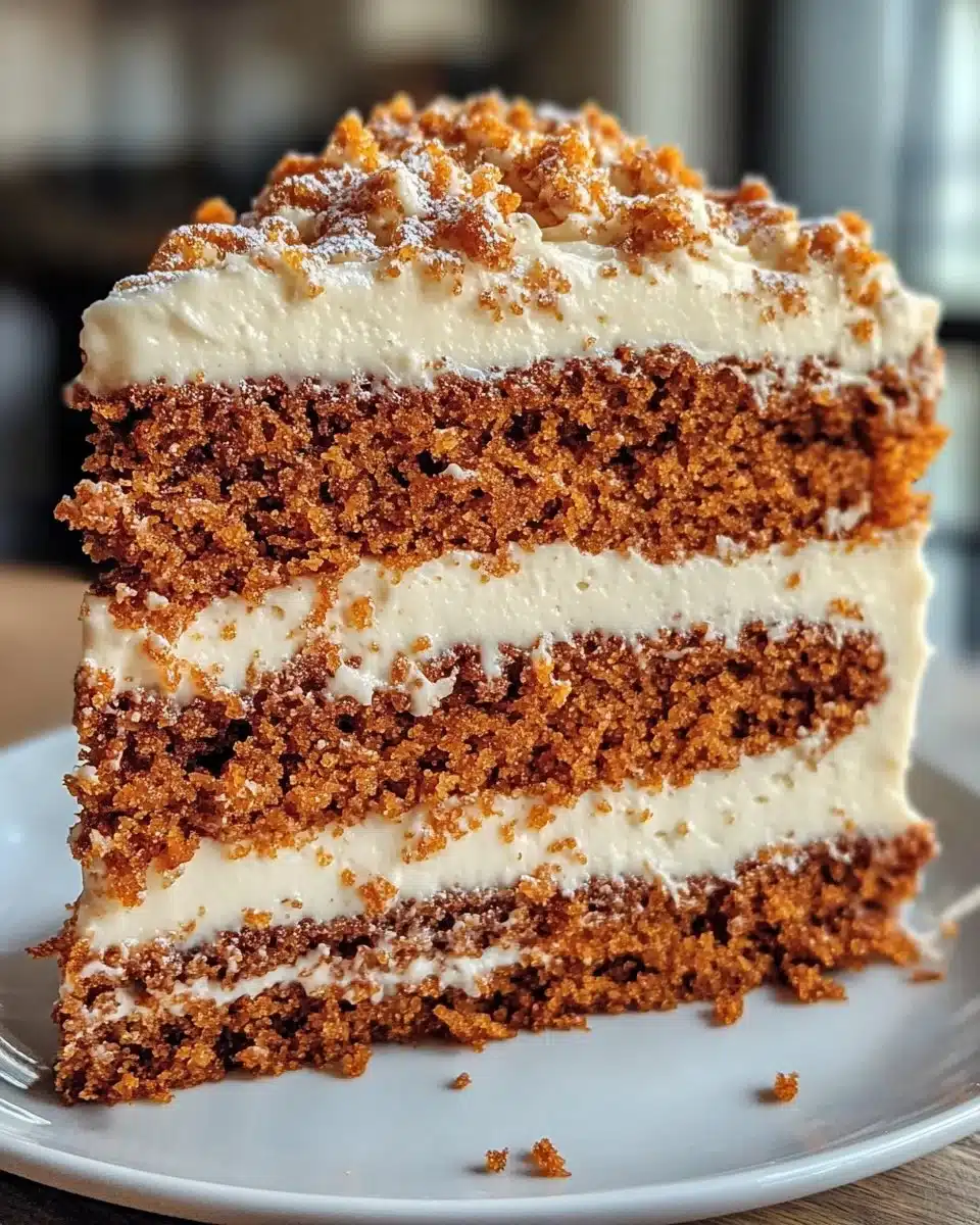 A slice of moist air fryer carrot cake topped with cream cheese frosting