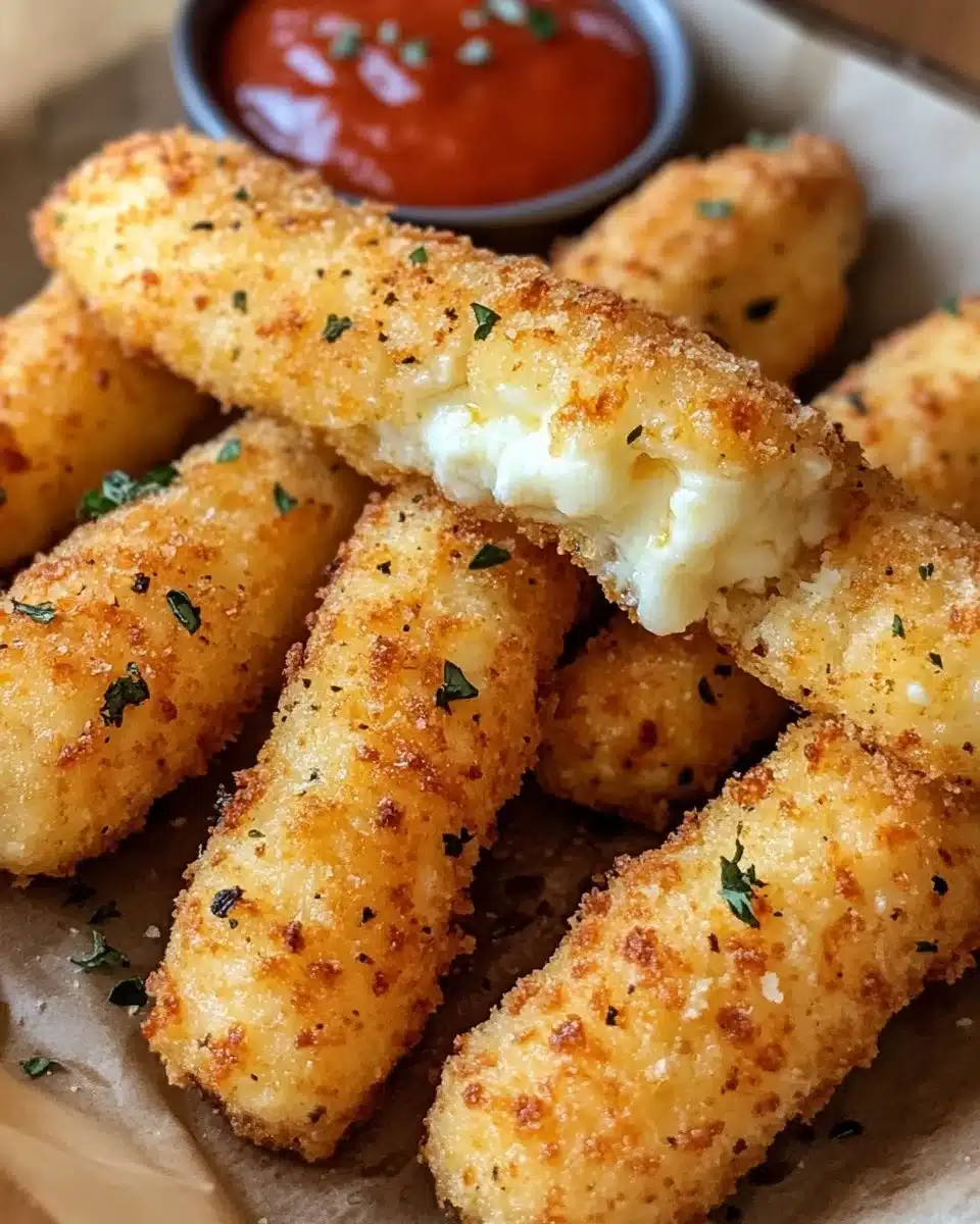 Crispy air fryer frozen mozzarella sticks served with marinara sauce