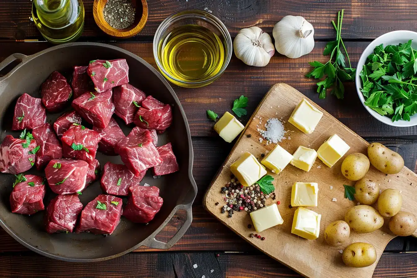 Air Fryer Garlic Butter Steak Bites and Potatoes