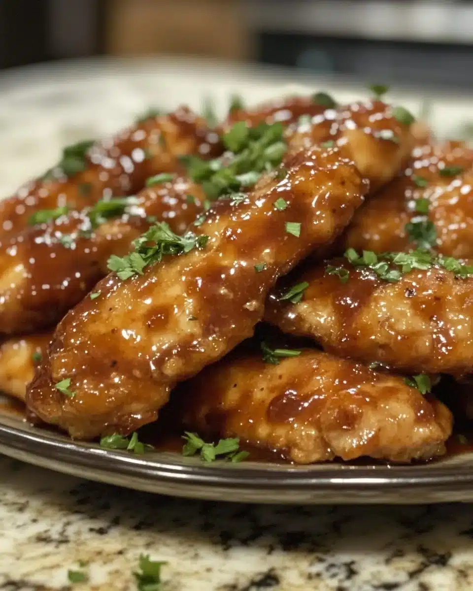 Air Fryer Honey BBQ Chicken Tenders served on a plate with dipping sauce