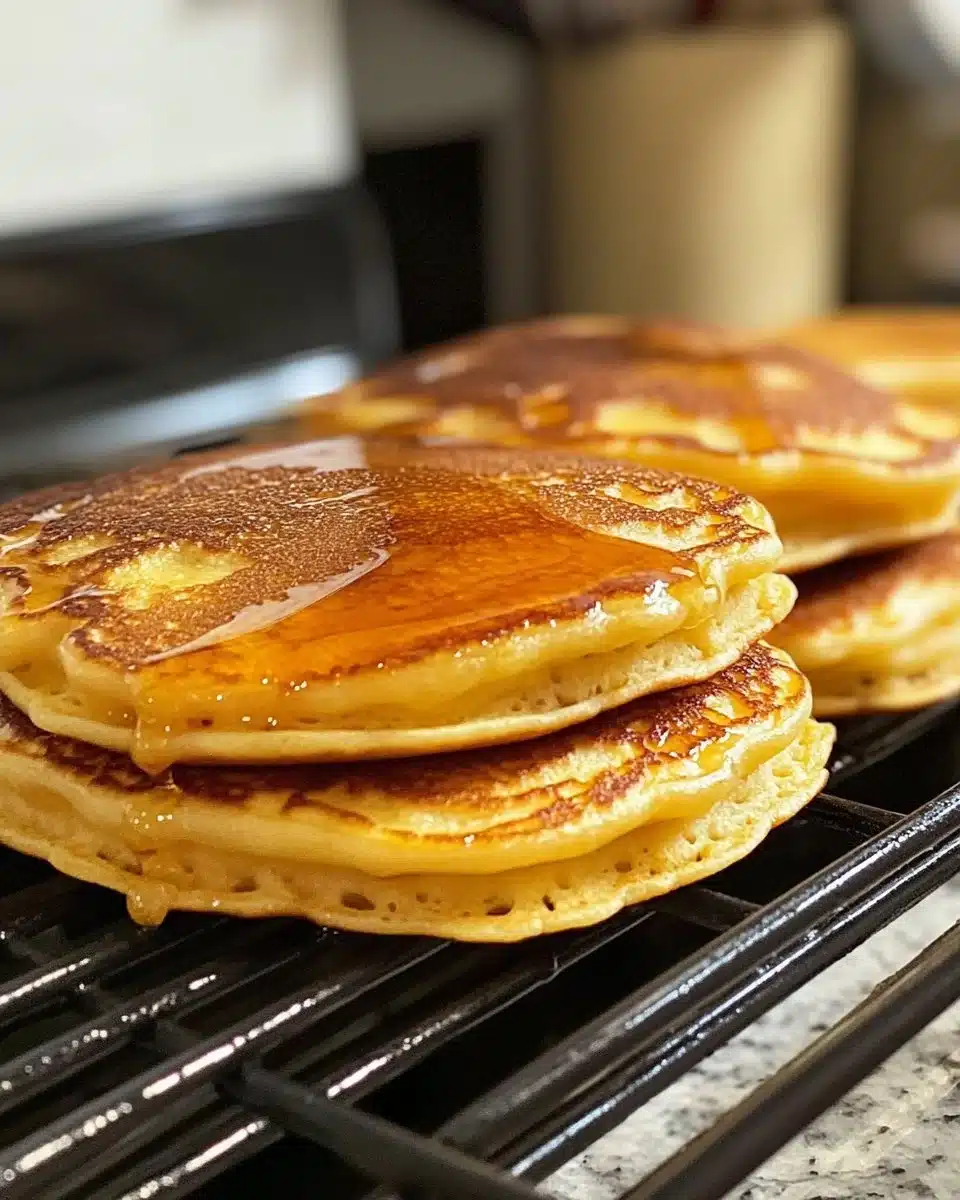 Fluffy air fryer pancakes served on a plate with syrup and berries