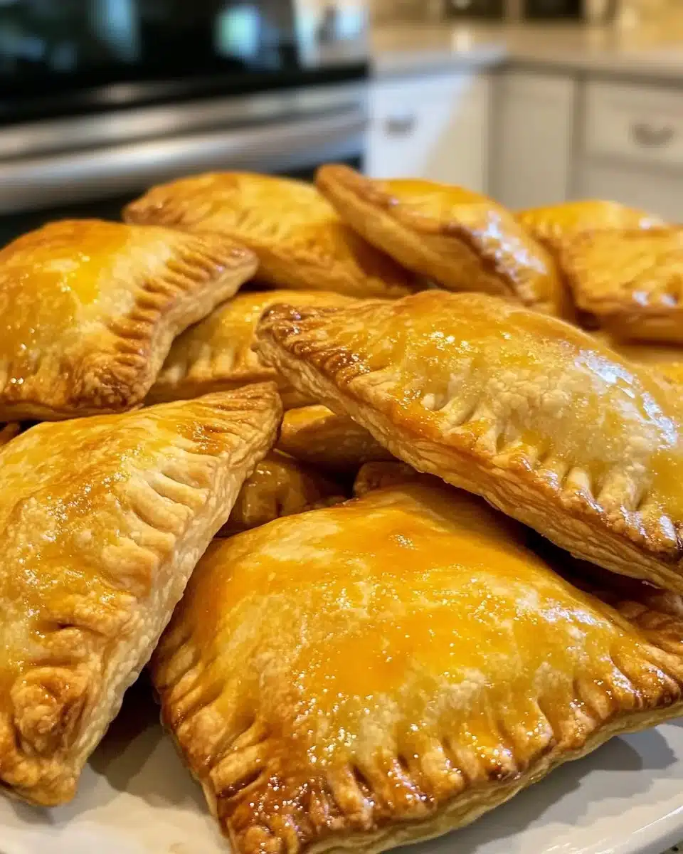 Air fryer peach hand pies with flaky crust and peach filling on a plate