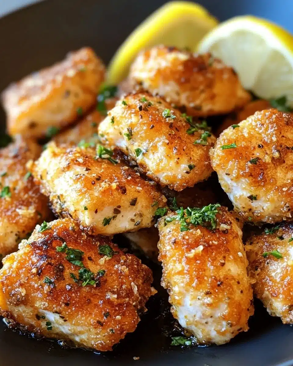Air fryer salmon bites with lemon garlic butter served on a plate
