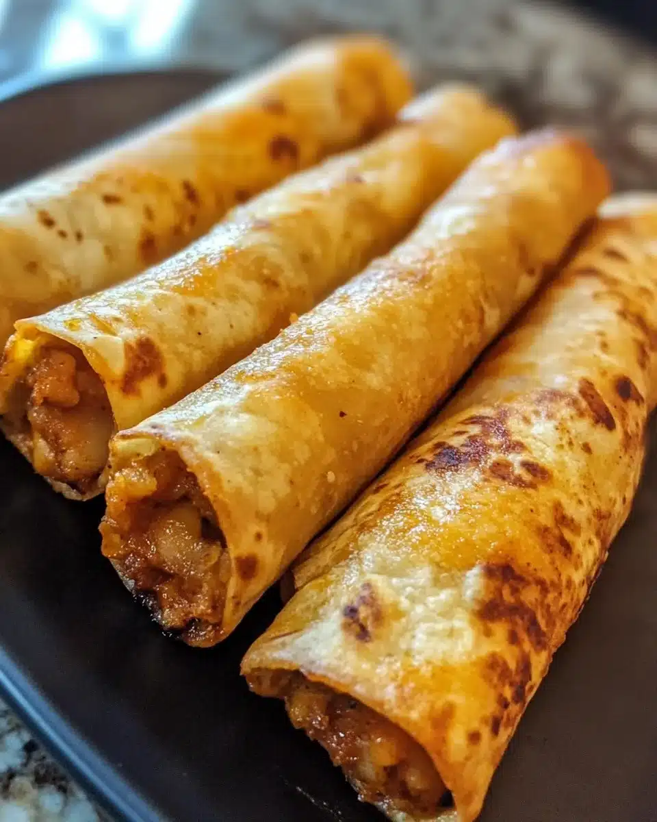 Golden crispy air fryer taquitos on a white plate with dipping sauce