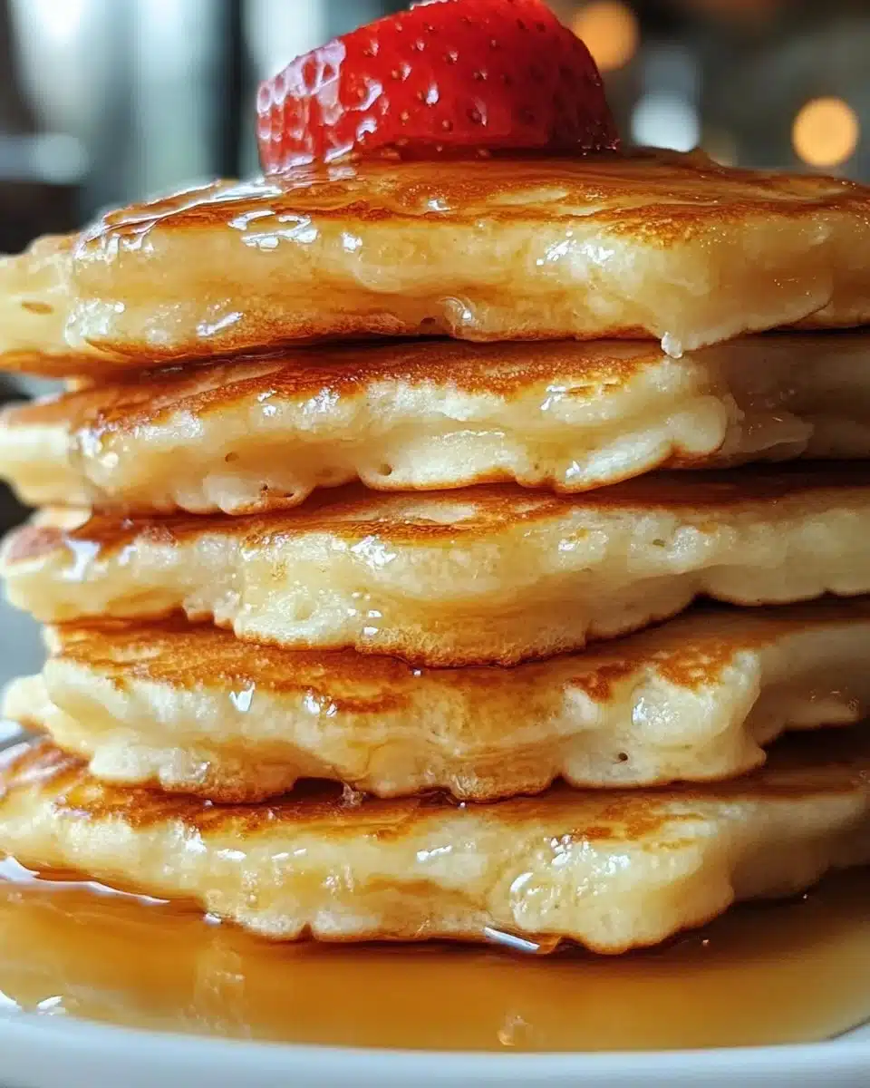 Fluffy air fryer pancakes topped with syrup and berries on a plate