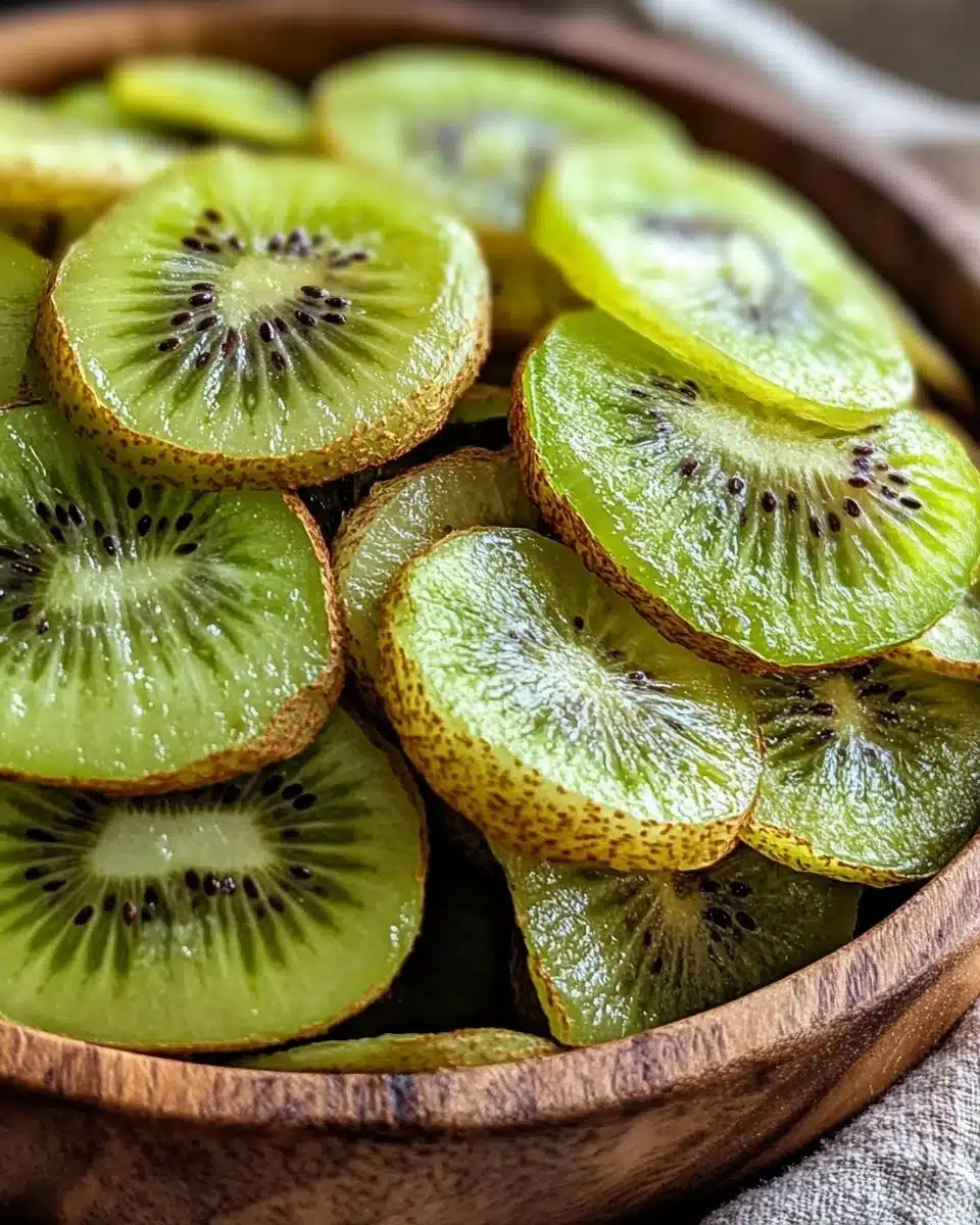 Crispy air fryer kiwi chips served in a bowl