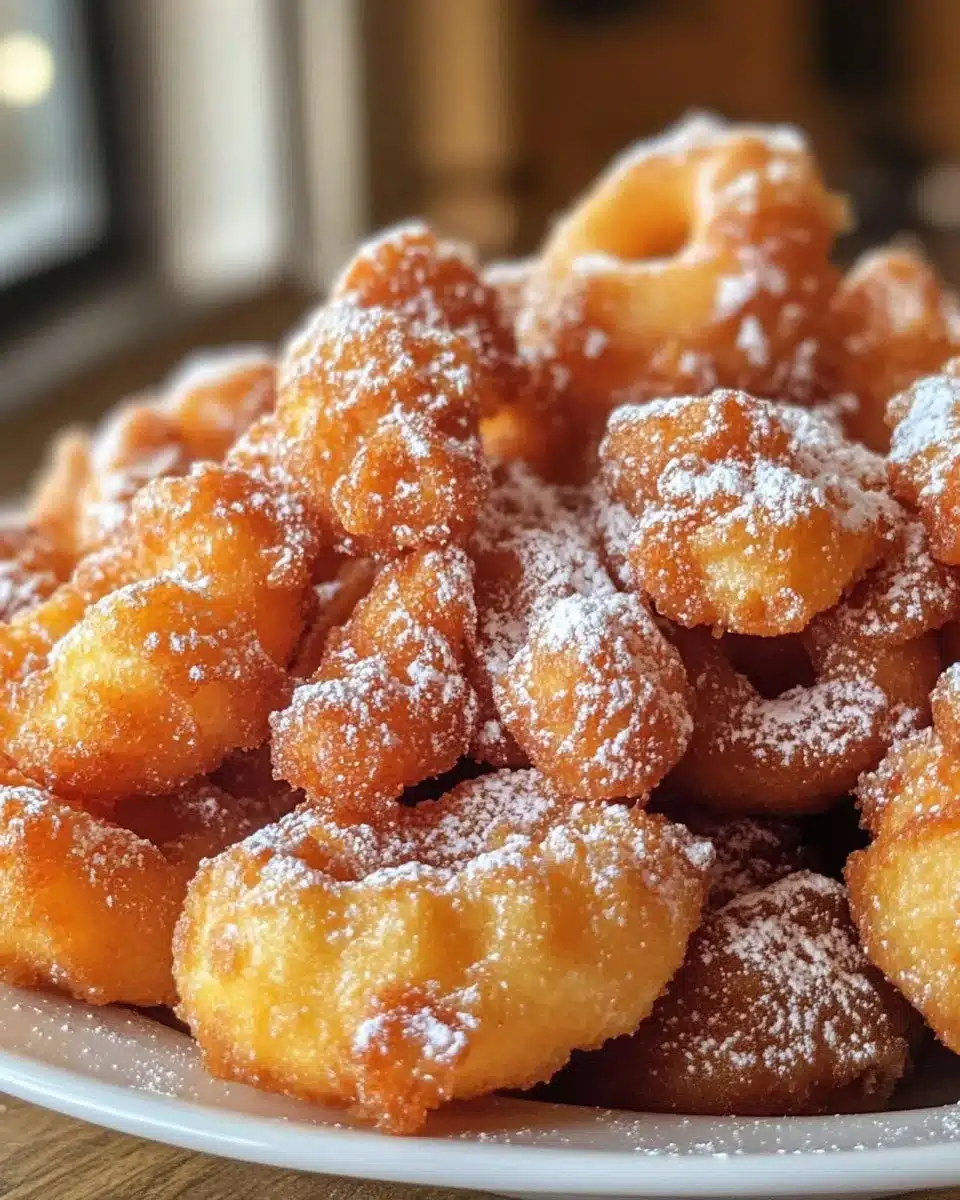 Delicious air fryer funnel cake bites topped with powdered sugar