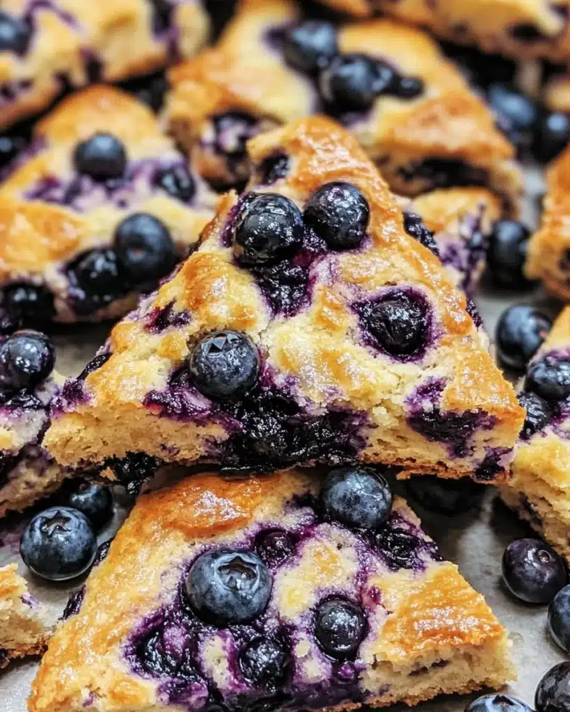 Freshly baked blueberry scones on a wooden table
