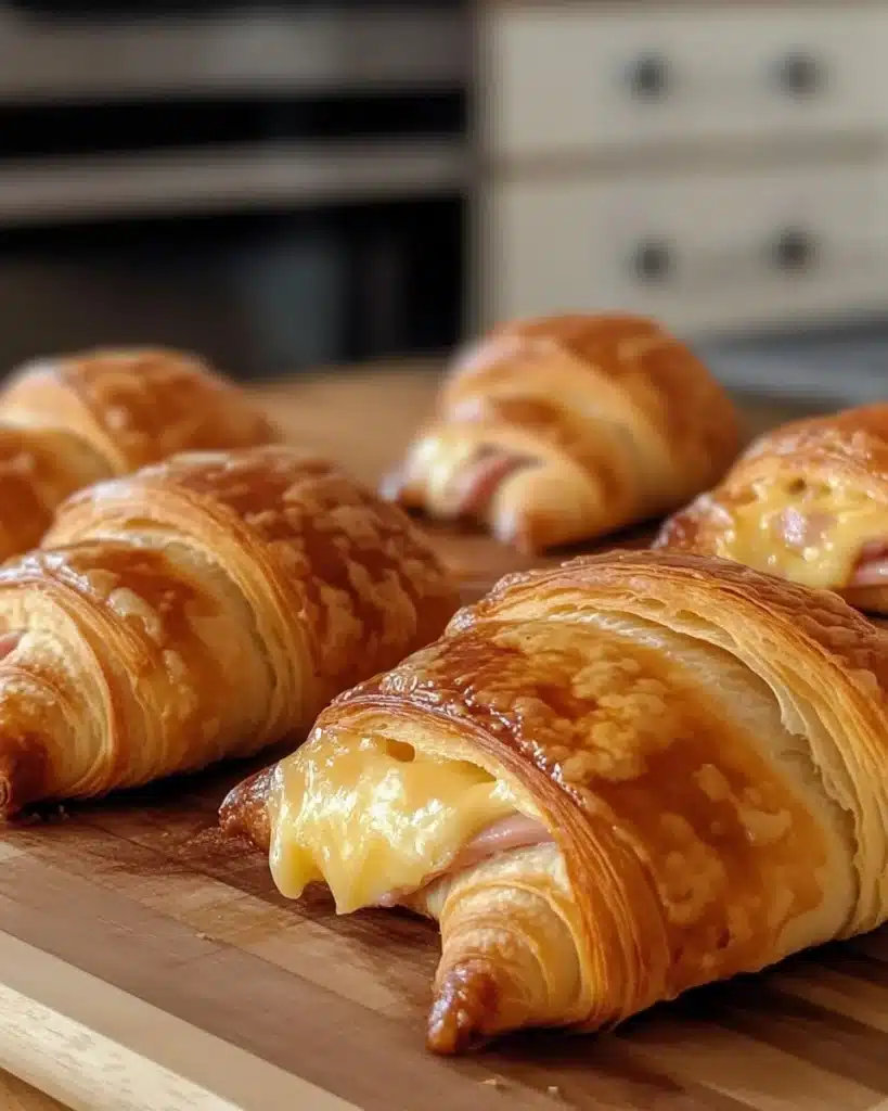 Crispy air fryer ham and cheese croissants, golden and flaky, ready to serve.