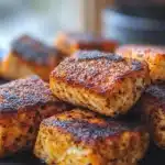 Crispy air fryer salmon bites served on a plate with dipping sauce