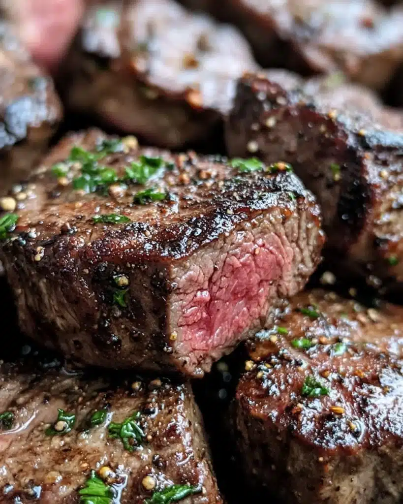 Crispy air fryer steak bites served with dipping sauce.