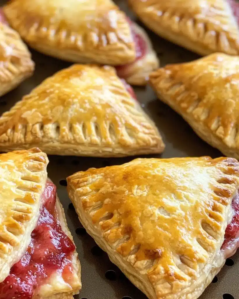 Crispy air fryer strawberry hand pies, golden brown and filled with fresh strawberries.