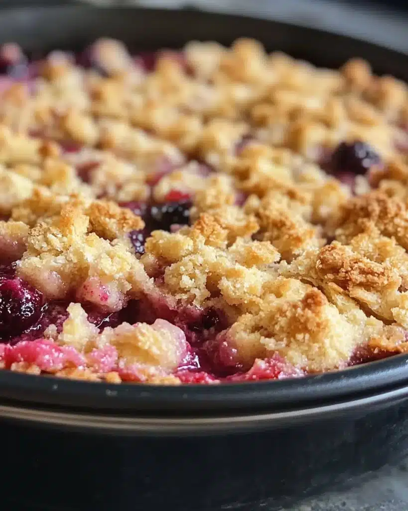 Crispy air fryer berry crumble served in a bowl with fresh berries