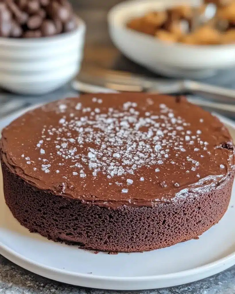 Fluffy air fryer chocolate cake topped with chocolate frosting on a plate