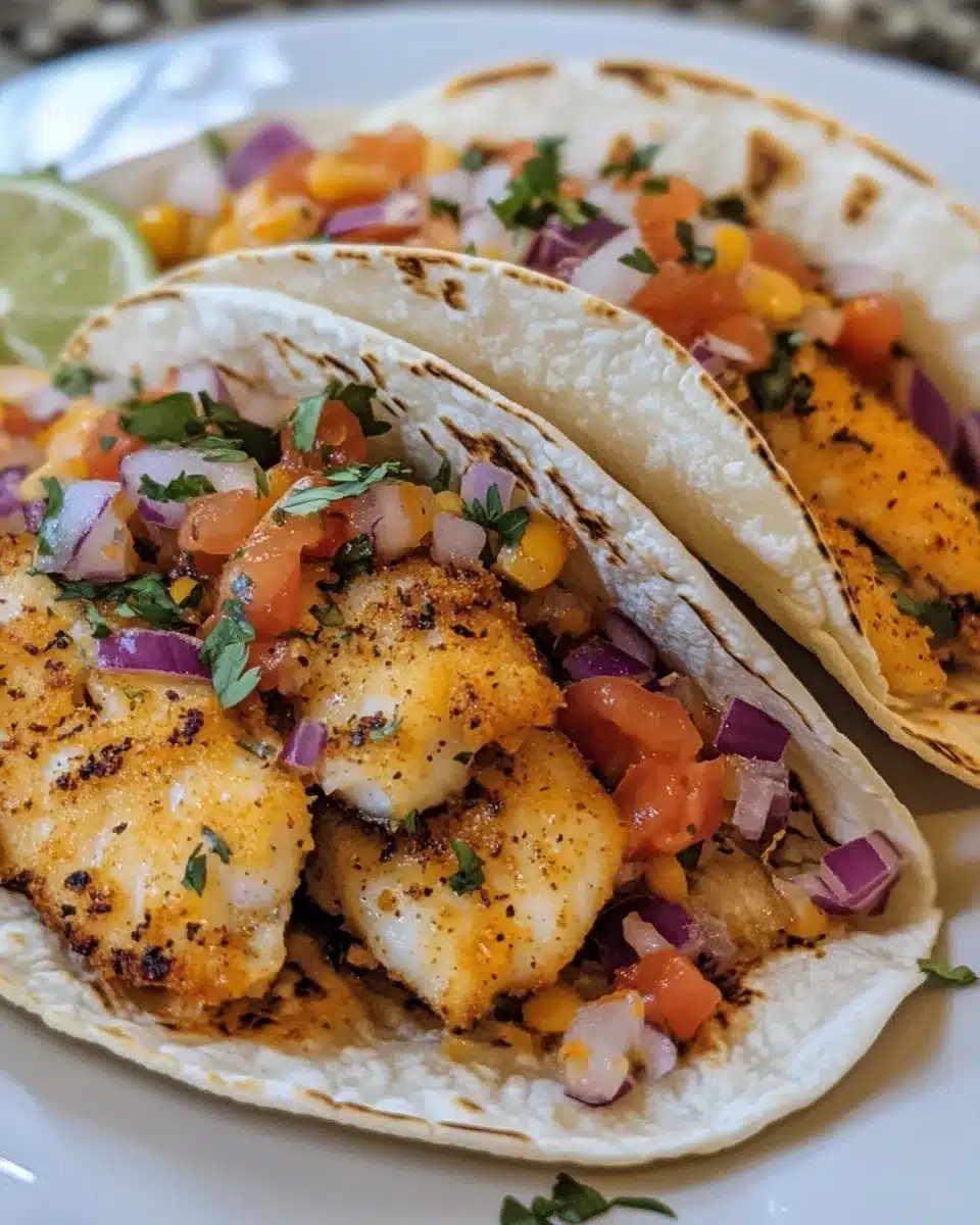 Home 21 Minute Air Fryer Cod Tacos served on a plate with fresh toppings