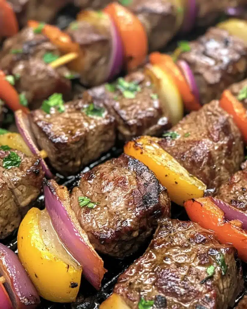 15-Minute Air Fryer Steak Kabobs on skewers with vibrant vegetables